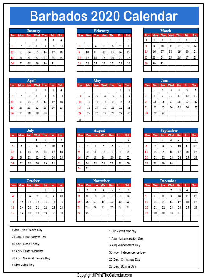 Barbados Printable Calendar 2020
